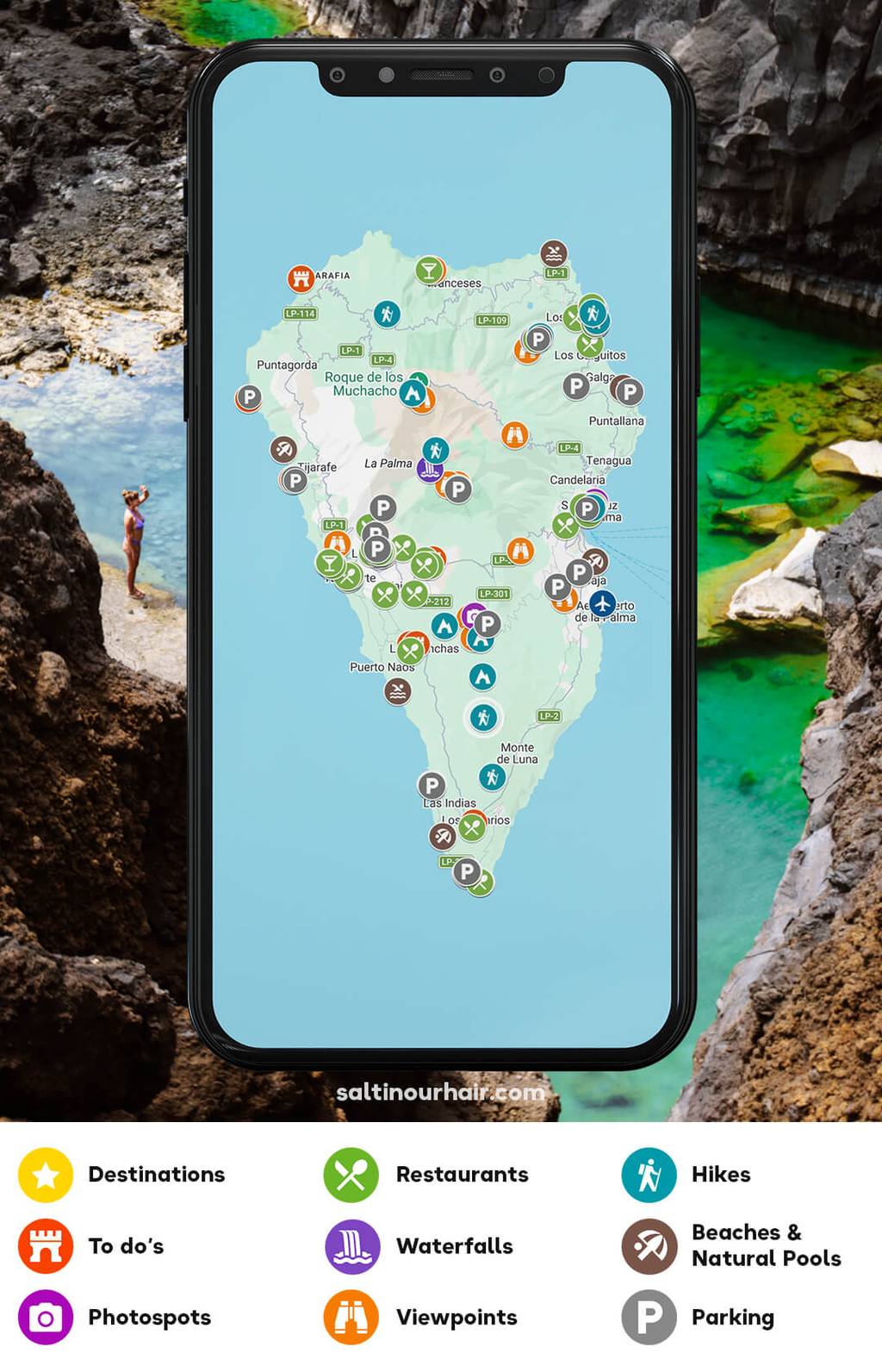 A smartphone screen displays a map of La Palma island marked with icons for destinations, restaurants, hikes, to-do’s, waterfalls, beaches, photo spots, viewpoints, and parking.