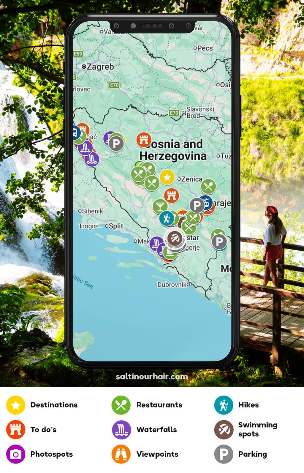 A smartphone displays a map of Bosnia and Herzegovina with icons for destinations, restaurants, hikes, waterfalls, swimming spots, photo spots, viewpoints, and parking.