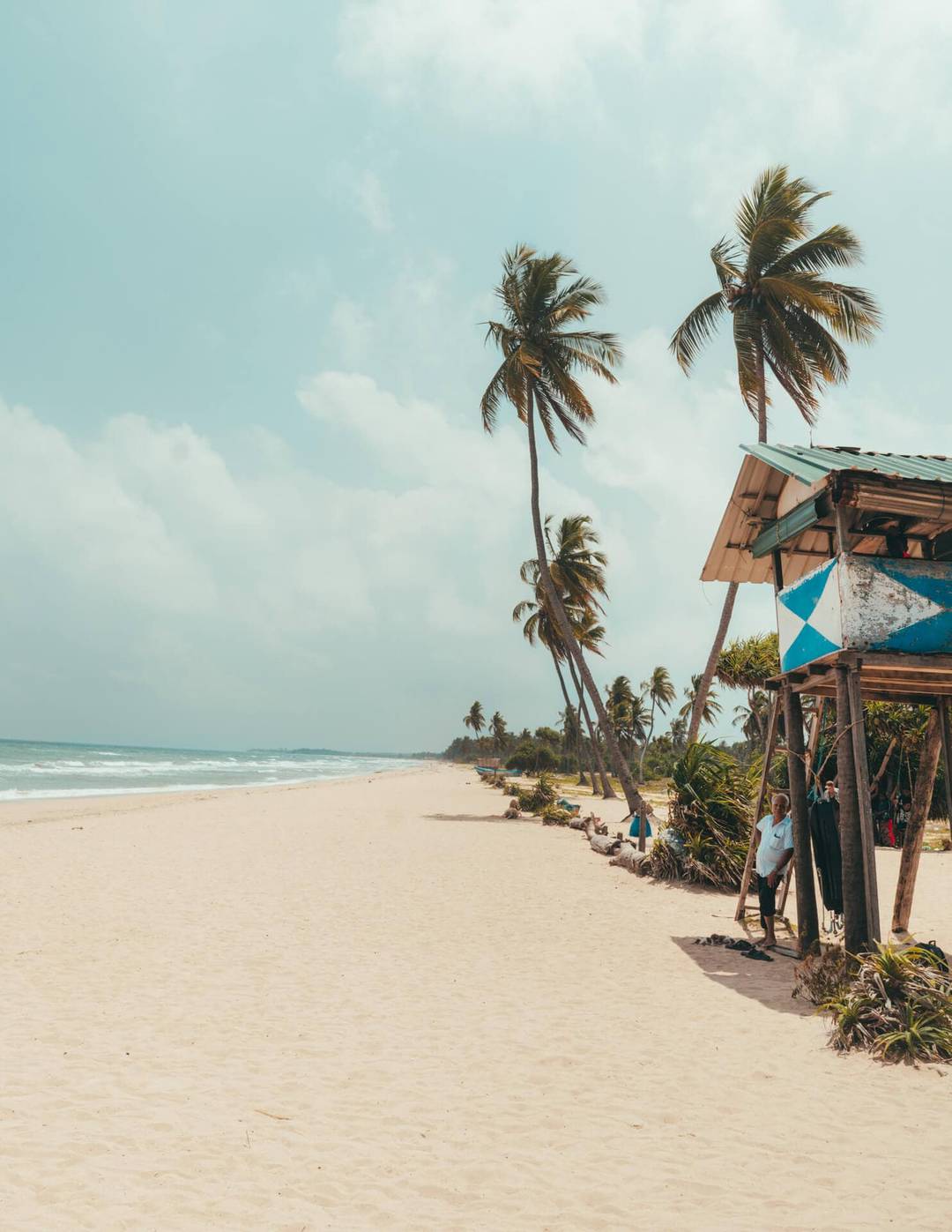 A sandy beach with scattered palm trees, a wooden hut on the right, and calm ocean waves under a partly cloudy sky, reminiscent of Nilaveli Beach in Trincomalee, Sri Lanka.