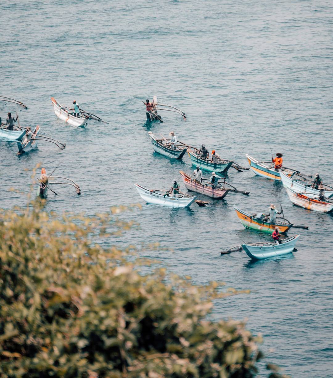 Several small, colorful fishing boats with people on board are spread out on the calm blue waters of Trincomalee, Sri Lanka, viewed from above with lush foliage in the foreground.