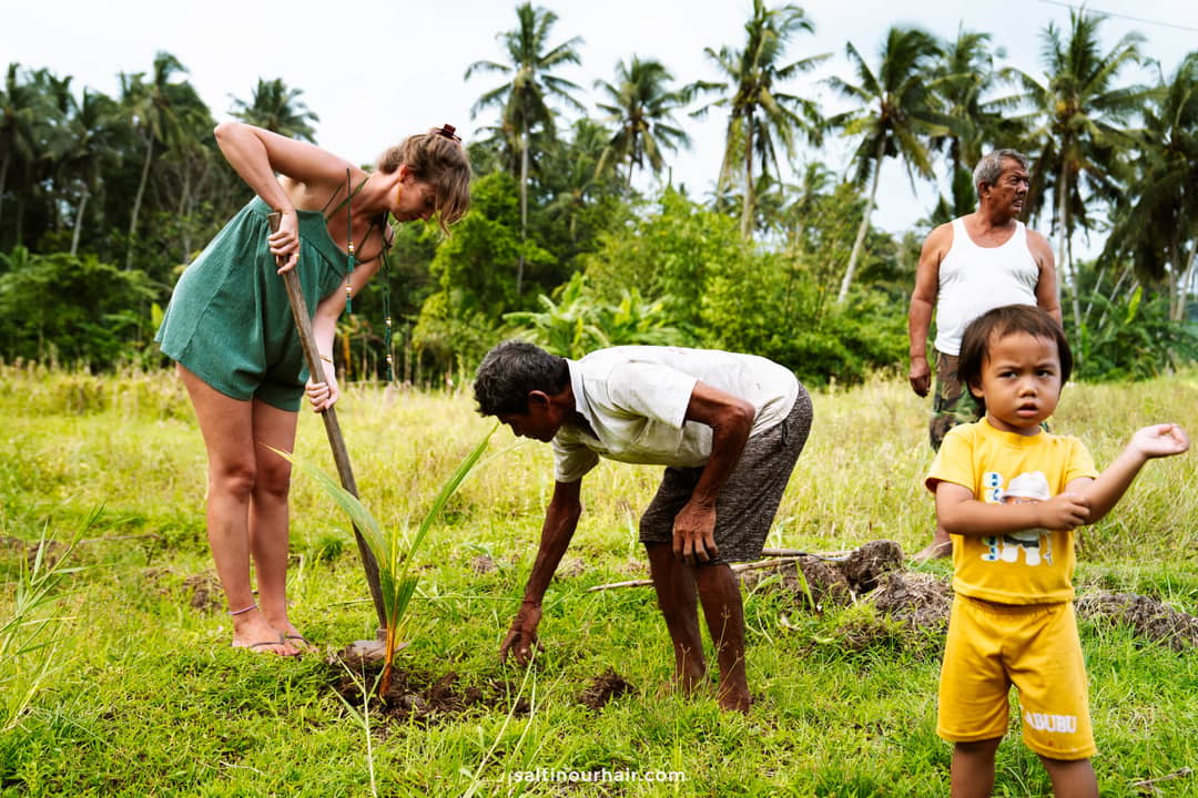 A woman and two men plant a small tree in a grassy field at a homestay Bali, while a young child in yellow stands in the foreground. Palm trees and lush greenery fill the background.