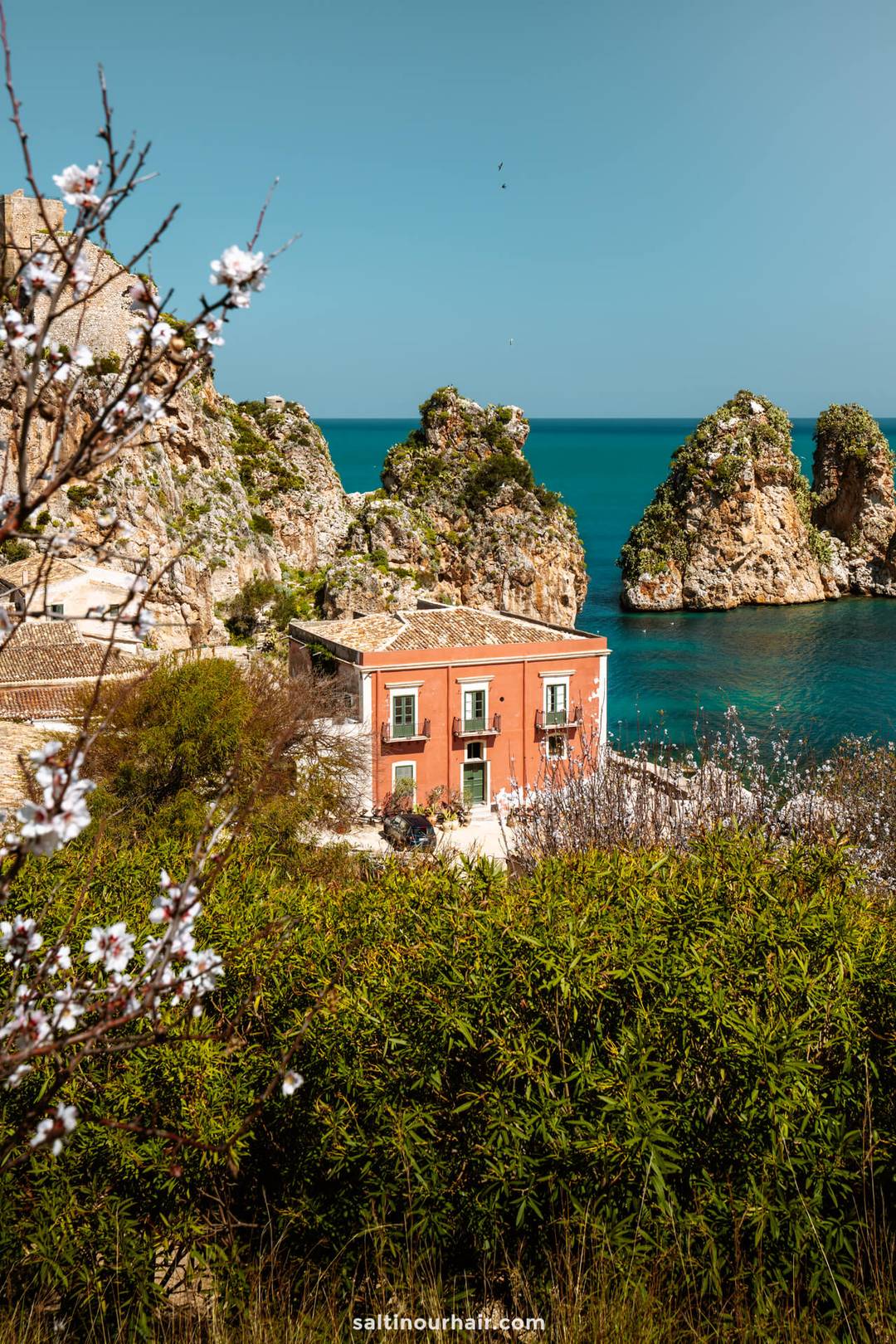 A red building with balconies stands by the sea in Scopello, Sicily, Italy, surrounded by green bushes and rocky cliffs under a clear blue sky. Blossoming branches frame the scene.