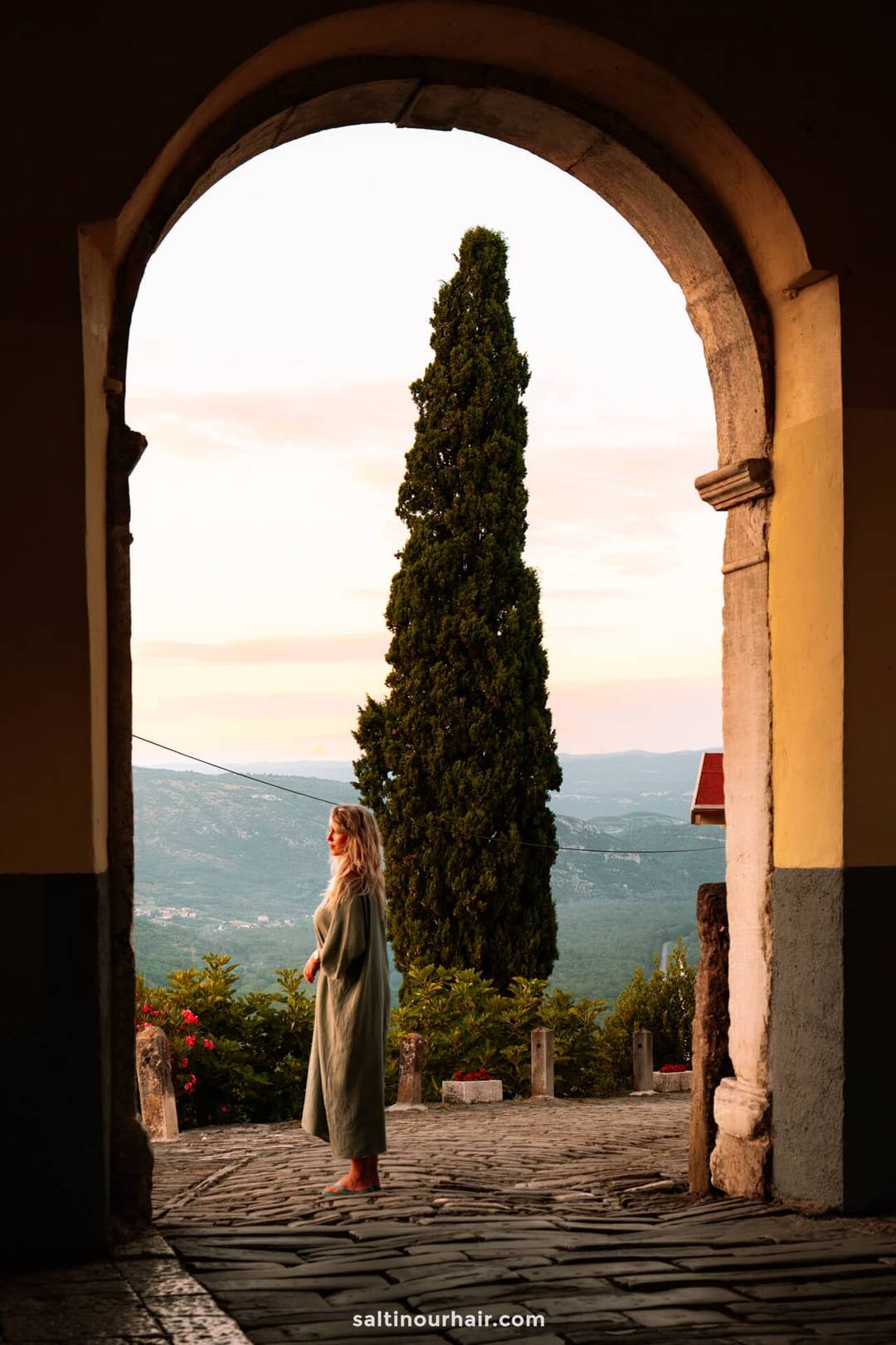 sunset view doorway motovun croatia