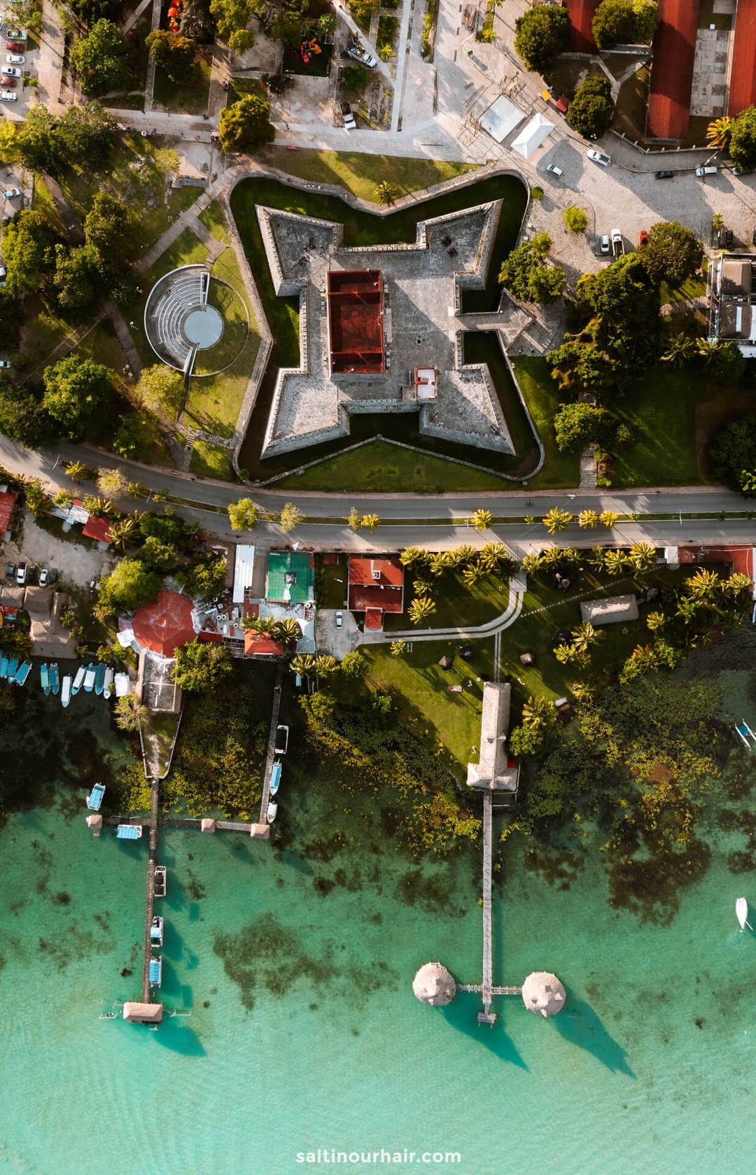 drone view Bacalar castle road renting a car in Mexico