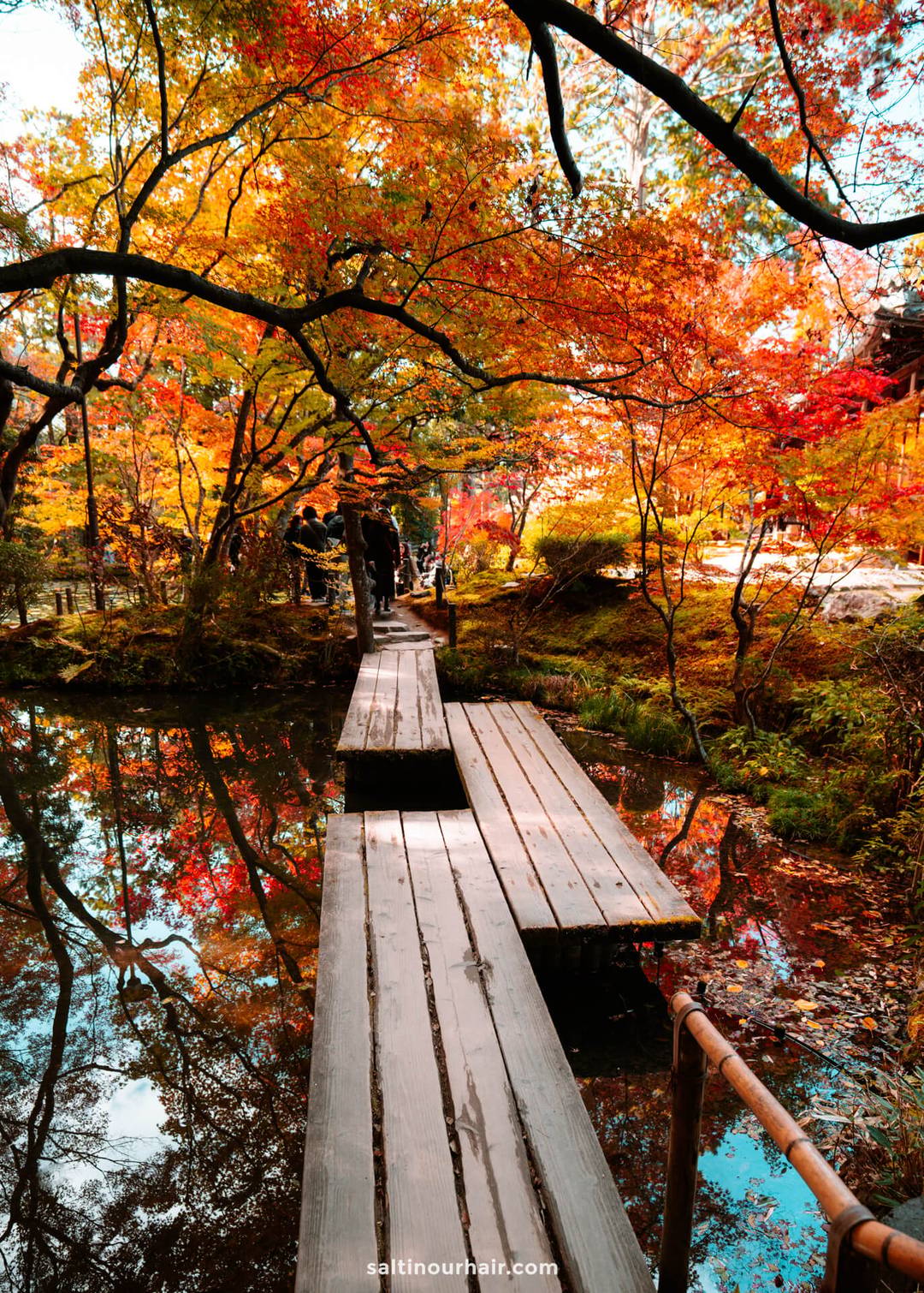 A wooden footbridge crosses a calm pond at Nanzen-ji Temple, surrounded by vibrant autumn foliage in shades of red, orange, and yellow&mdash;capturing the serene beauty of autumn in Japan.