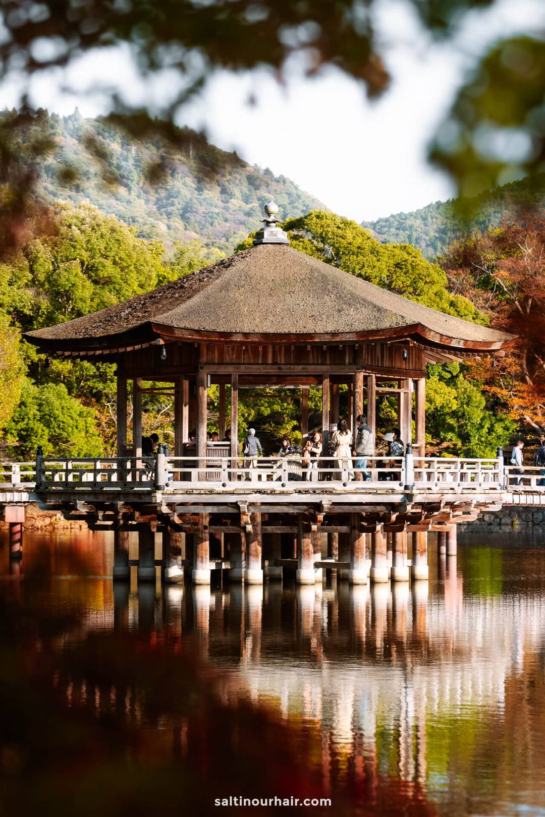 A wooden pavilion stands over a reflective pond in Nara Park, Japan, surrounded by trees and mountains, with people gathered on the platform.