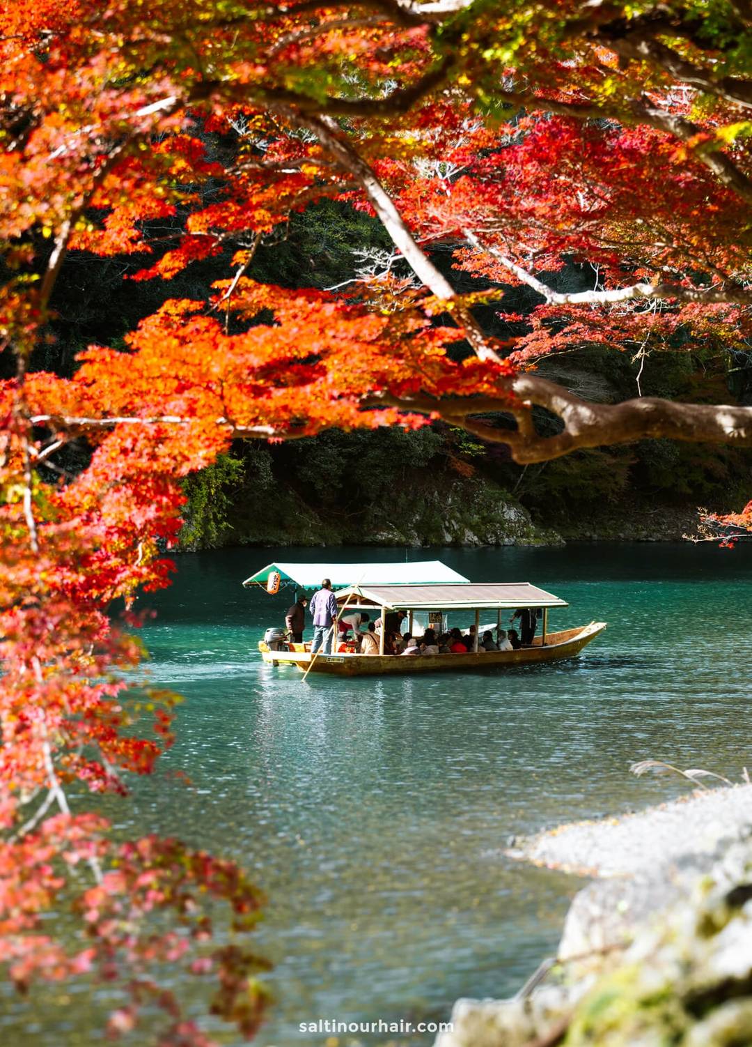 A wooden boat with tourists sails on a calm river in Arashiyama, Japan, surrounded by vibrant red autumn foliage.