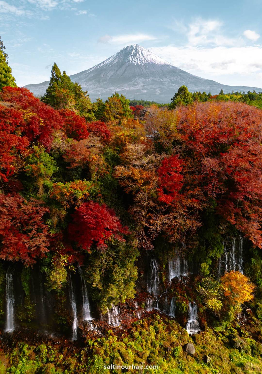 fall colors Shiraito Falls and mount fuji japan