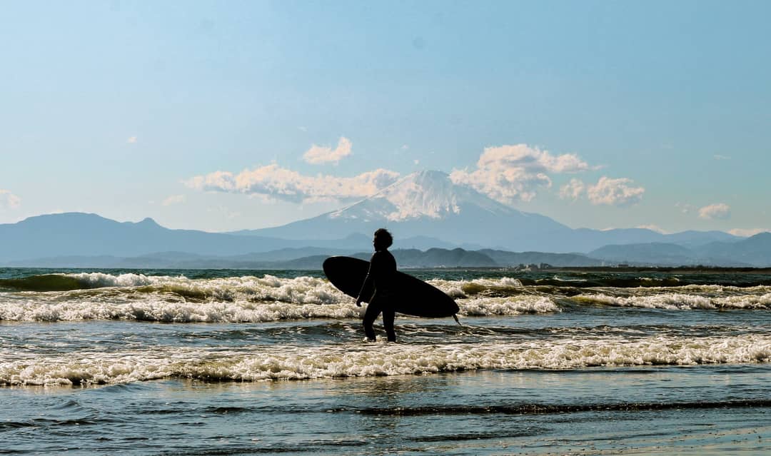 mt.fuji view surfer silhouette Kamakura Japan