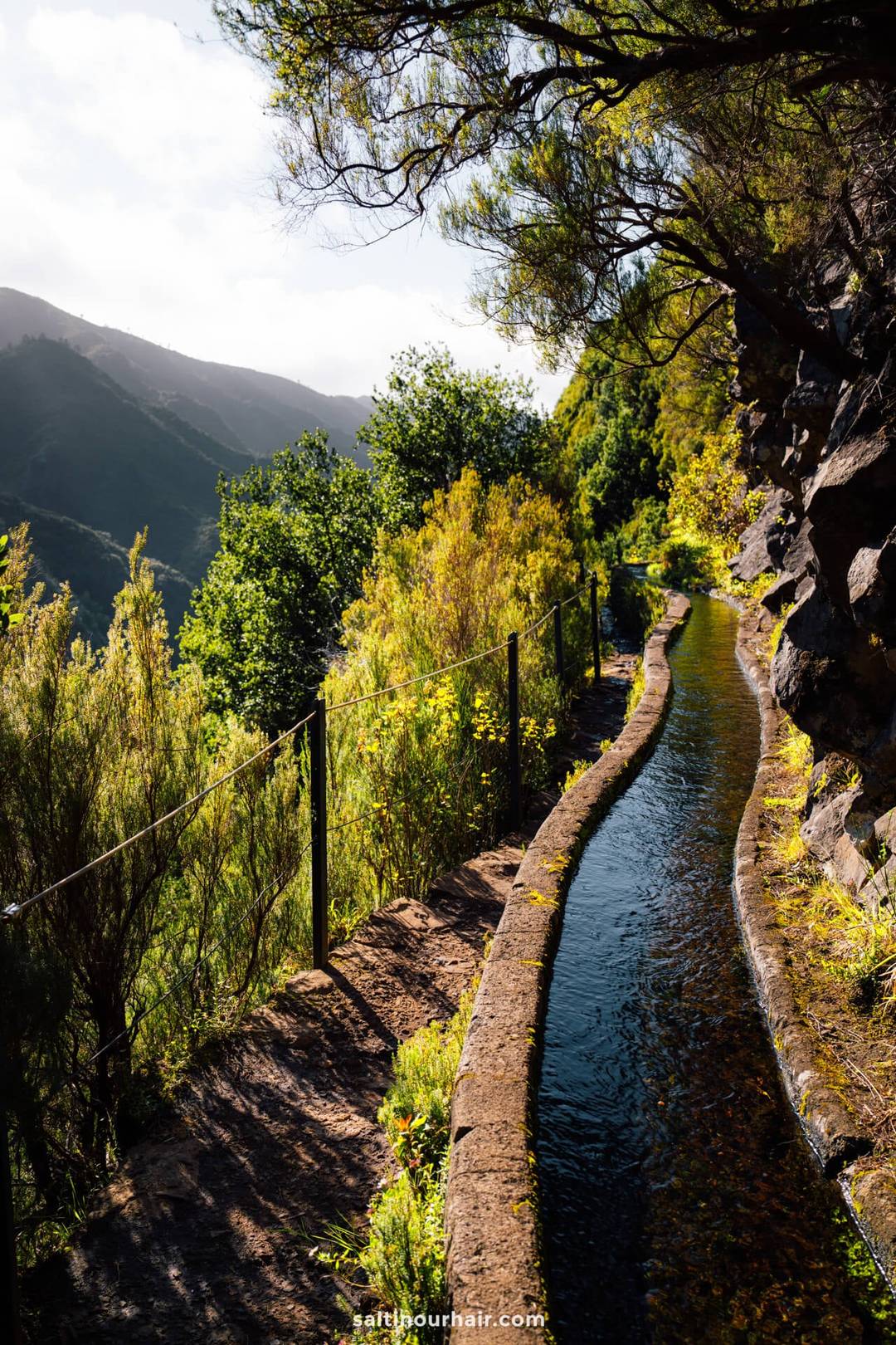 Een smal stenen irrigatiekanaal loopt langs een wandelpad, begrensd door weelderig groen en heuvels onder een heldere hemel &mdash; perfect om te verkennen zonder je zorgen te maken over de wandelkosten op Madeira.