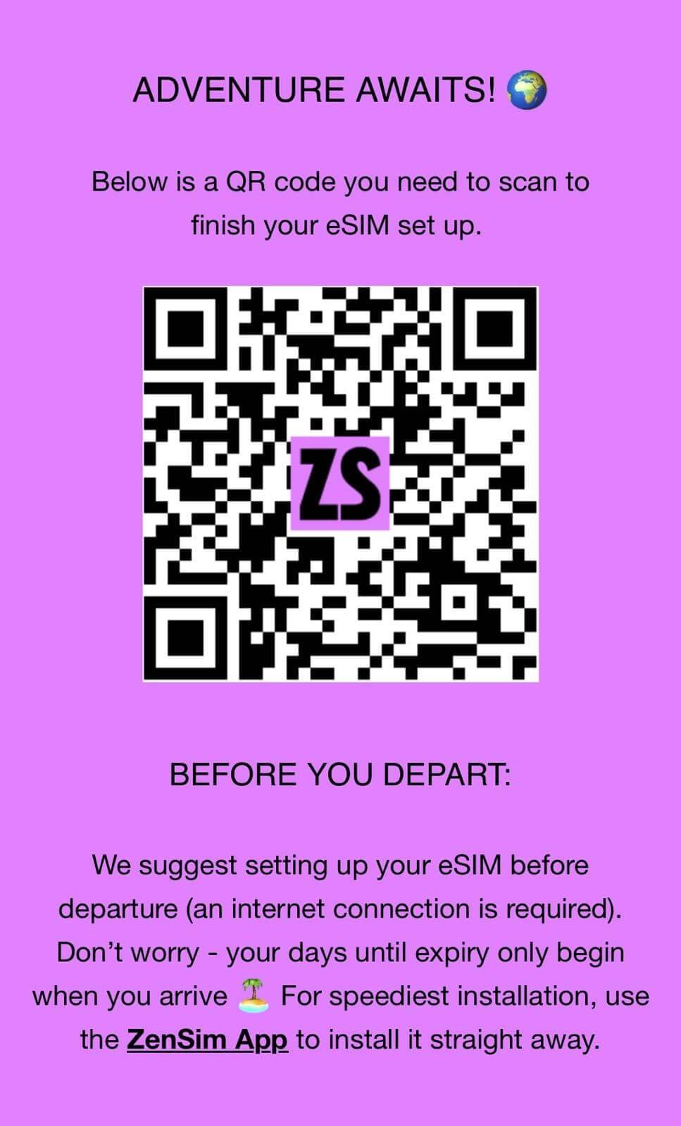 A QR code for the best eSIM setup is centered on a purple background, with instructions above and below detailing eSIM activation steps to follow before departure.