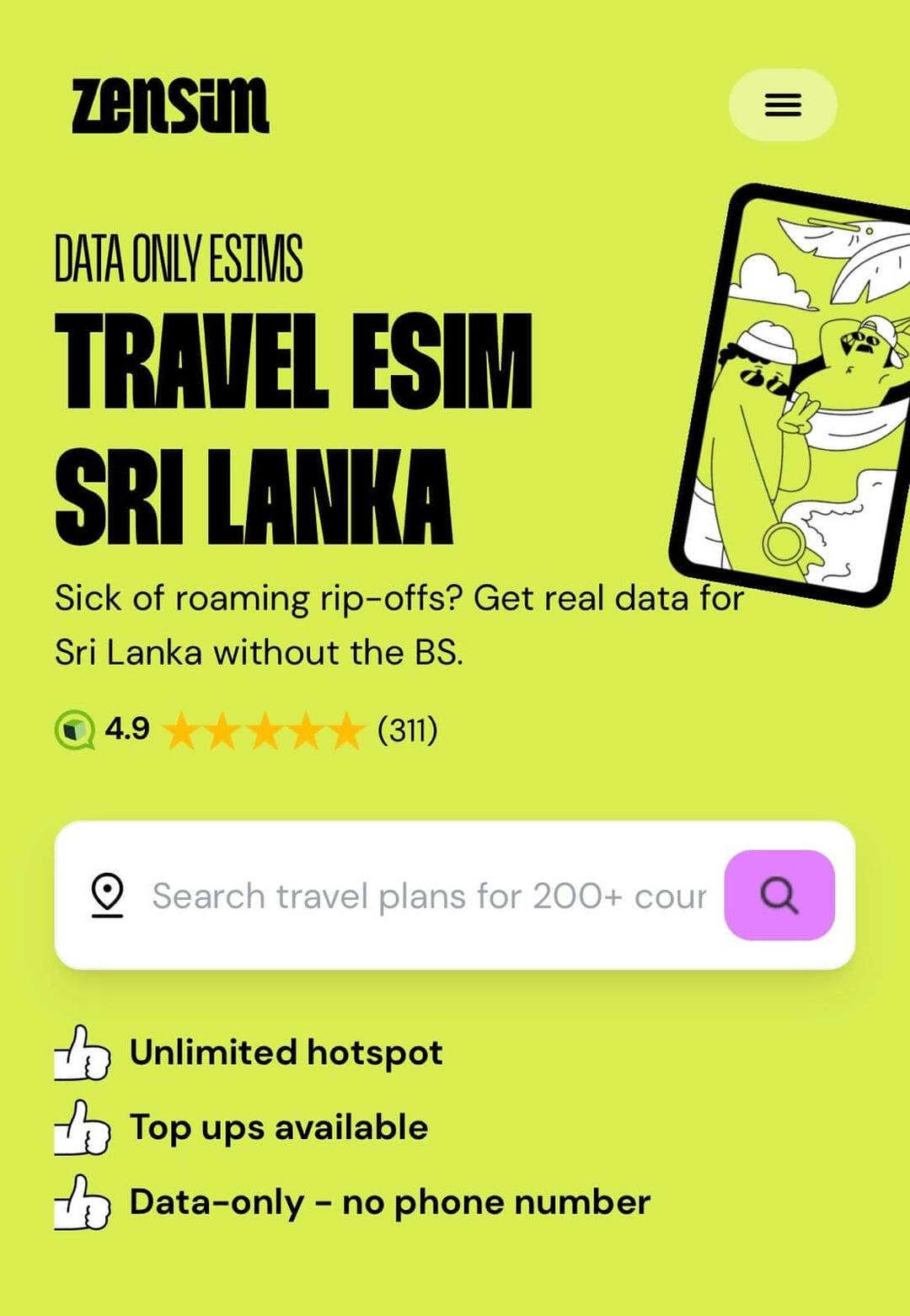 Screenshot of a website advertising the best eSIMs for Sri Lanka, highlighting features like unlimited hotspot, top-ups, and no phone number required. A cartoon phone and impressive 4.9-star rating are visible.