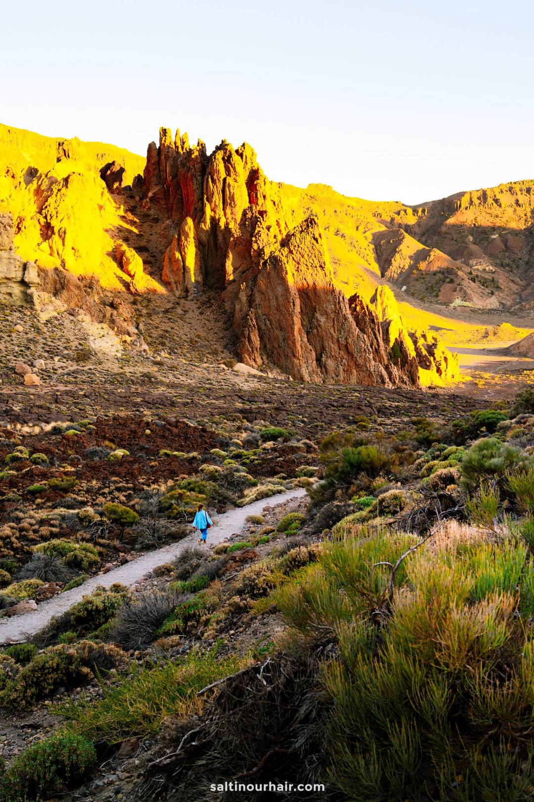 A person walks along a dirt path surrounded by green shrubs, with rugged, sunlit rock formations and mountains in the background of Teide National Park tenerife