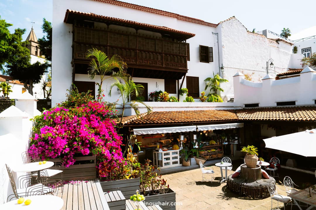 Open-air courtyard with potted plants and vibrant pink bougainvillea, surrounded by white buildings, wooden balconies, and outdoor seating at a shaded caf&eacute;&mdash;a charming spot among the many things to do in Tenerife.