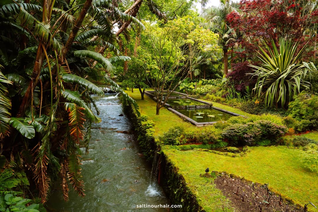 A lush, green garden with a flowing stream, manicured lawns, various trees, and rectangular ponds surrounded by dense foliage