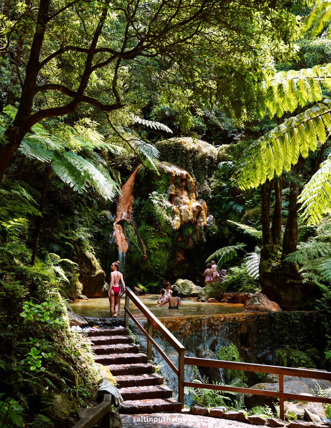 People relax in a natural hot spring pool called Caldeira Velha surrounded by lush green foliage, viewed from wooden steps leading down&mdash;an unforgettable stop on any S&atilde;o Miguel itinerary.