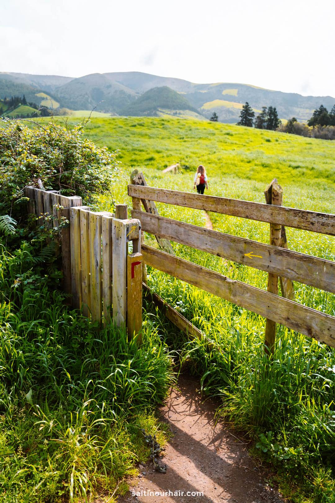 A wooden gate opens to a green field with a dirt path; a person with long hair walks away into the distance toward hills under a partly cloudy sky