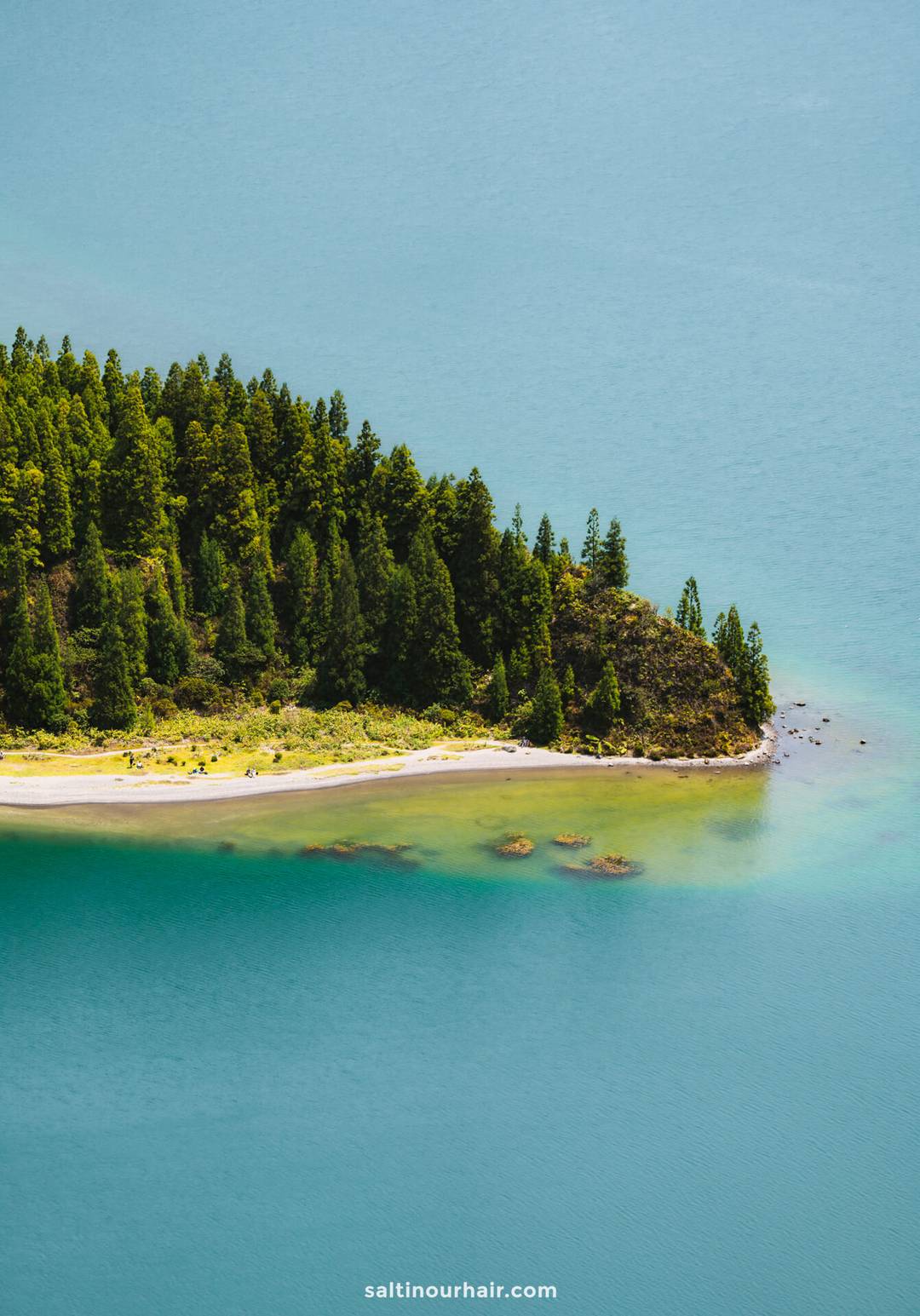 A forested peninsula with a sandy shoreline extends into clear blue-green water, viewed from above&mdash;a breathtaking scene and one of the many things to do in S&atilde;o Miguel for nature lovers.