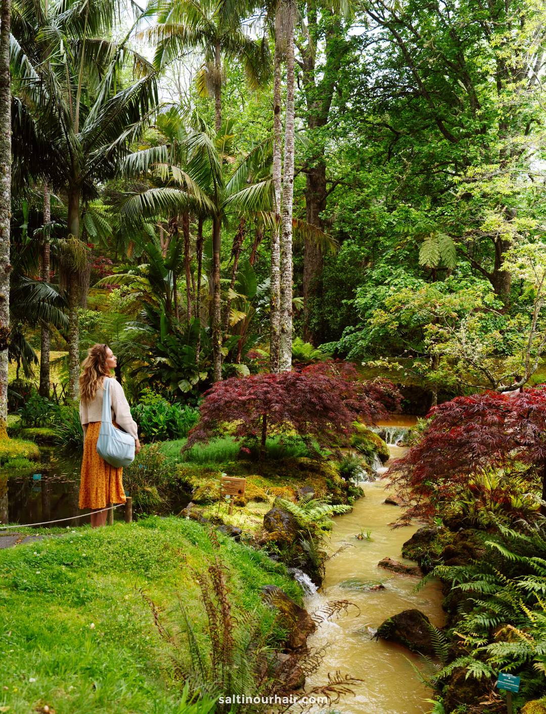 A woman stands on a lush, green path at Parque Terra Nostra, S&atilde;o Miguel beside a stream surrounded by tropical plants