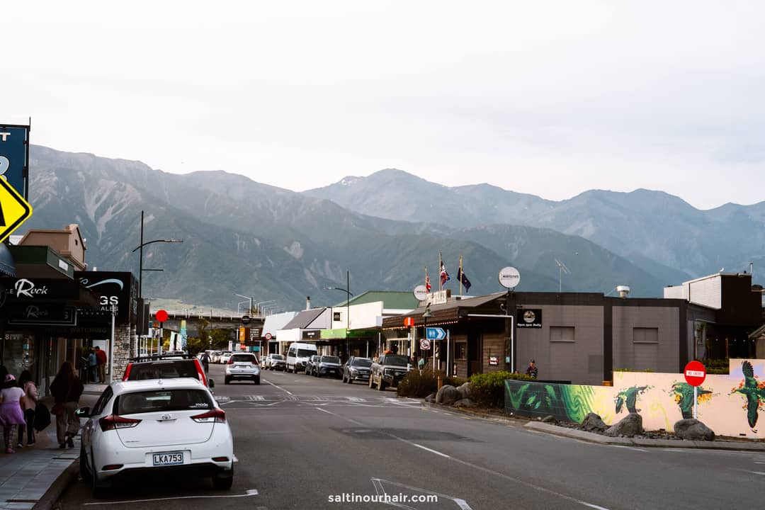 Street view of a small town with cars parked along the road, shops on both sides, and mountains visible in the background under a cloudy sky, not far from the famous Kaikōura Seal Colony.