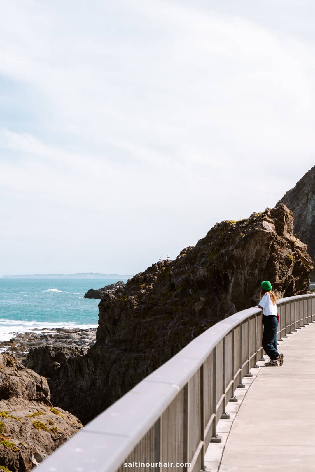 A person wearing a green hat stands on a curved walkway at the Kaikōura Seal Colony, gazing out at rocky cliffs and the ocean under a cloudy sky.