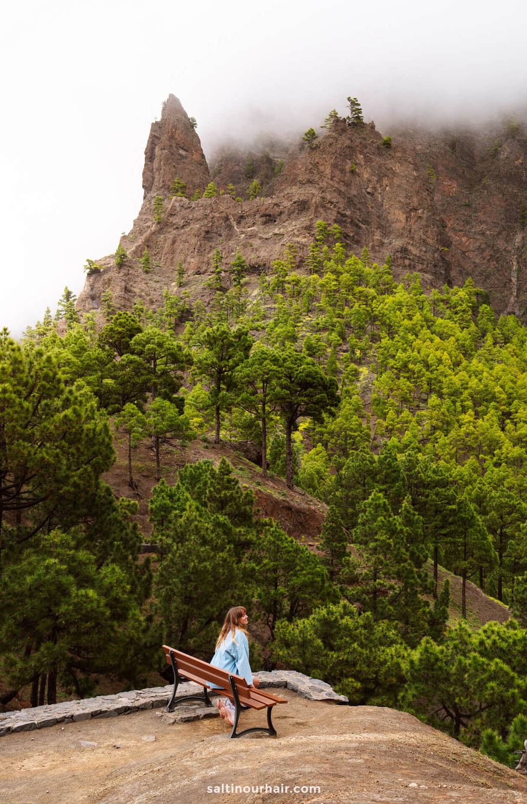 A woman sits alone on a bench overlooking a lush, green pine forest and a rocky mountain peak partially covered by clouds&mdash;an idyllic scene from La Palma in the Canary Islands, perfect for any Travel Guide.