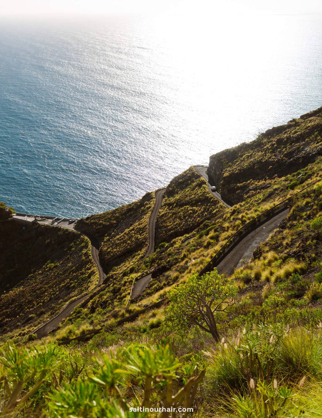 A winding road zigzags down a steep, grassy hillside toward the ocean on La Palma, with sunlight reflecting off the water&mdash;a scene straight from a Canary Islands travel guide.
