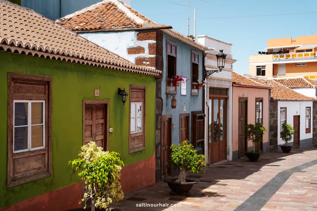 A row of colorful, old-style houses with wooden doors and windows lines a sunny, paved street with potted trees&mdash;an inviting scene straight from a La Palma travel guide in the Canary Islands.