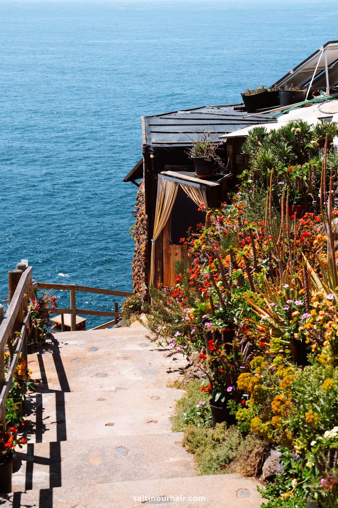 A stone path lined with colorful flowering plants leads down to a wooden railing beside a building overlooking the ocean on a sunny day in La Palma, one of the stunning Canary Islands&mdash;a perfect scene for any travel guide.