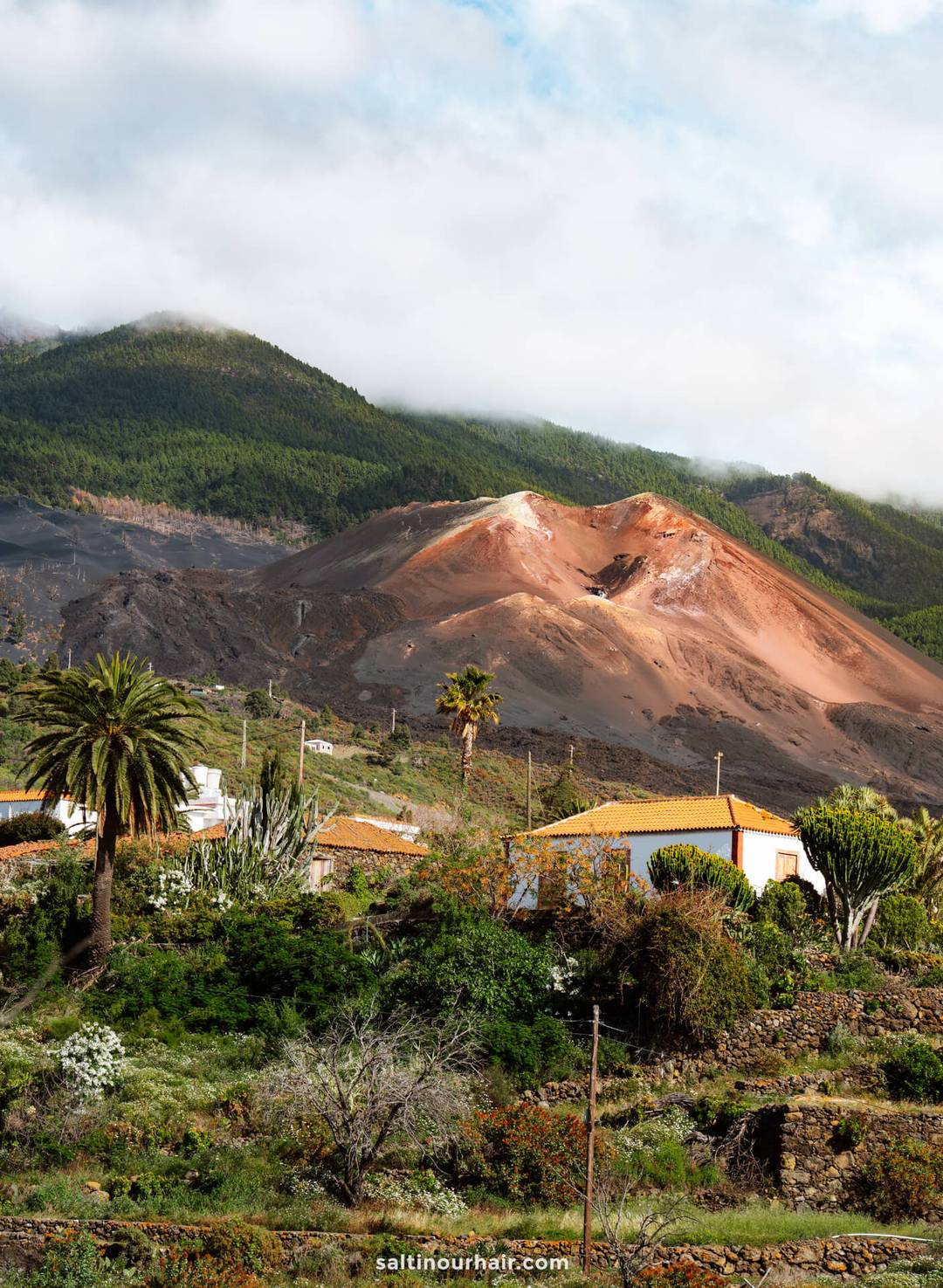 A volcanic landscape with reddish-brown slopes and sparse vegetation, white houses and palm trees in the foreground, and green hills in the background&mdash;an iconic scene from La Palma in the Canary Islands for any travel guide.