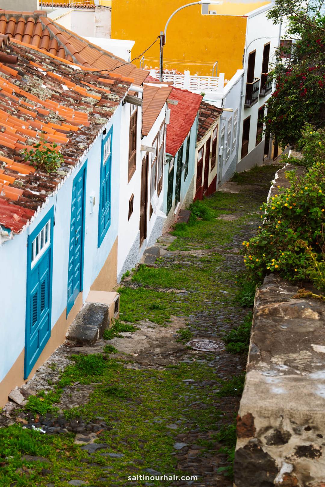 Narrow cobblestone alley lined with colorful houses and blue doors, with greenery on one side and a stone wall in the foreground&mdash;perfect for any La Palma travel guide to the Canary Islands.