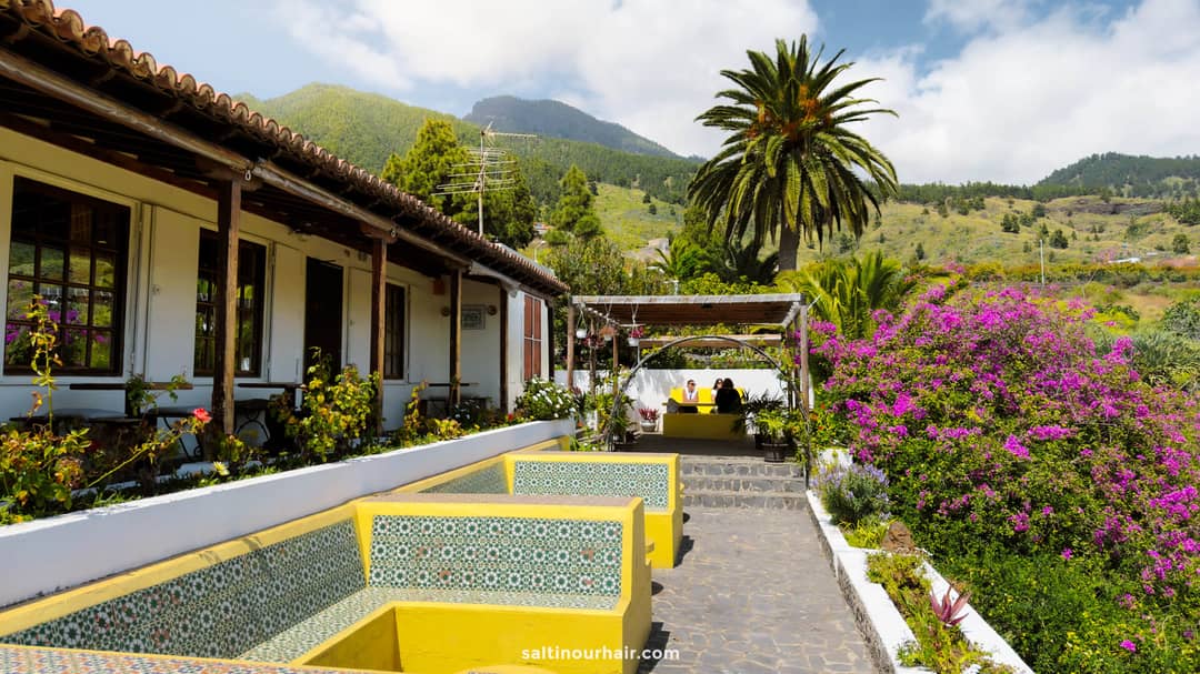 A paved outdoor seating area with yellow-tiled benches, flowering shrubs, and a view of mountains and palm trees under a partly cloudy sky, perfect for any Canary Islands travel guide or inspiration from beautiful La Palma.