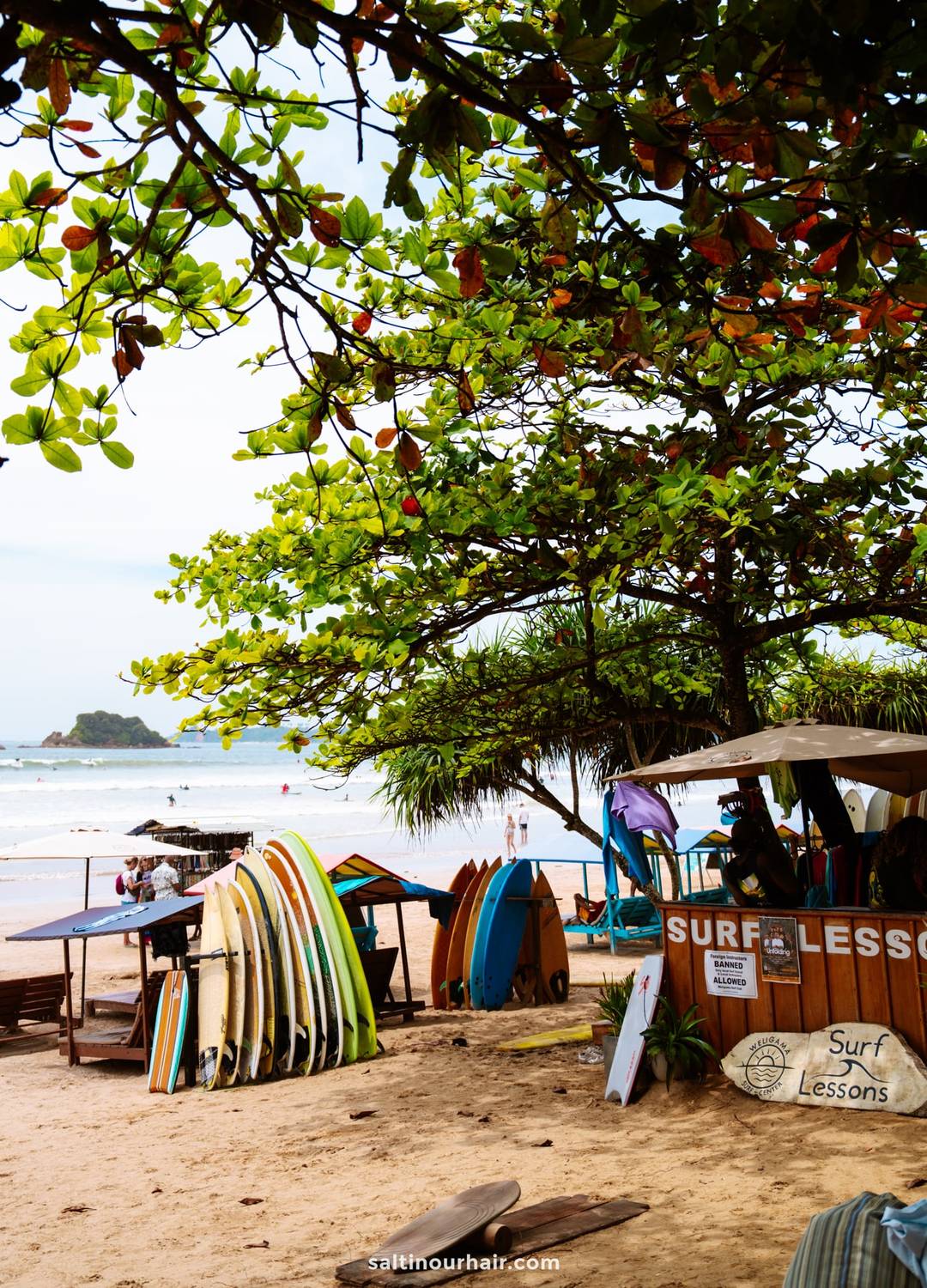 Welugama Surf Center on Ahangama beach in Sri Lanka, with colorful surfboards stacked under a shady tree.