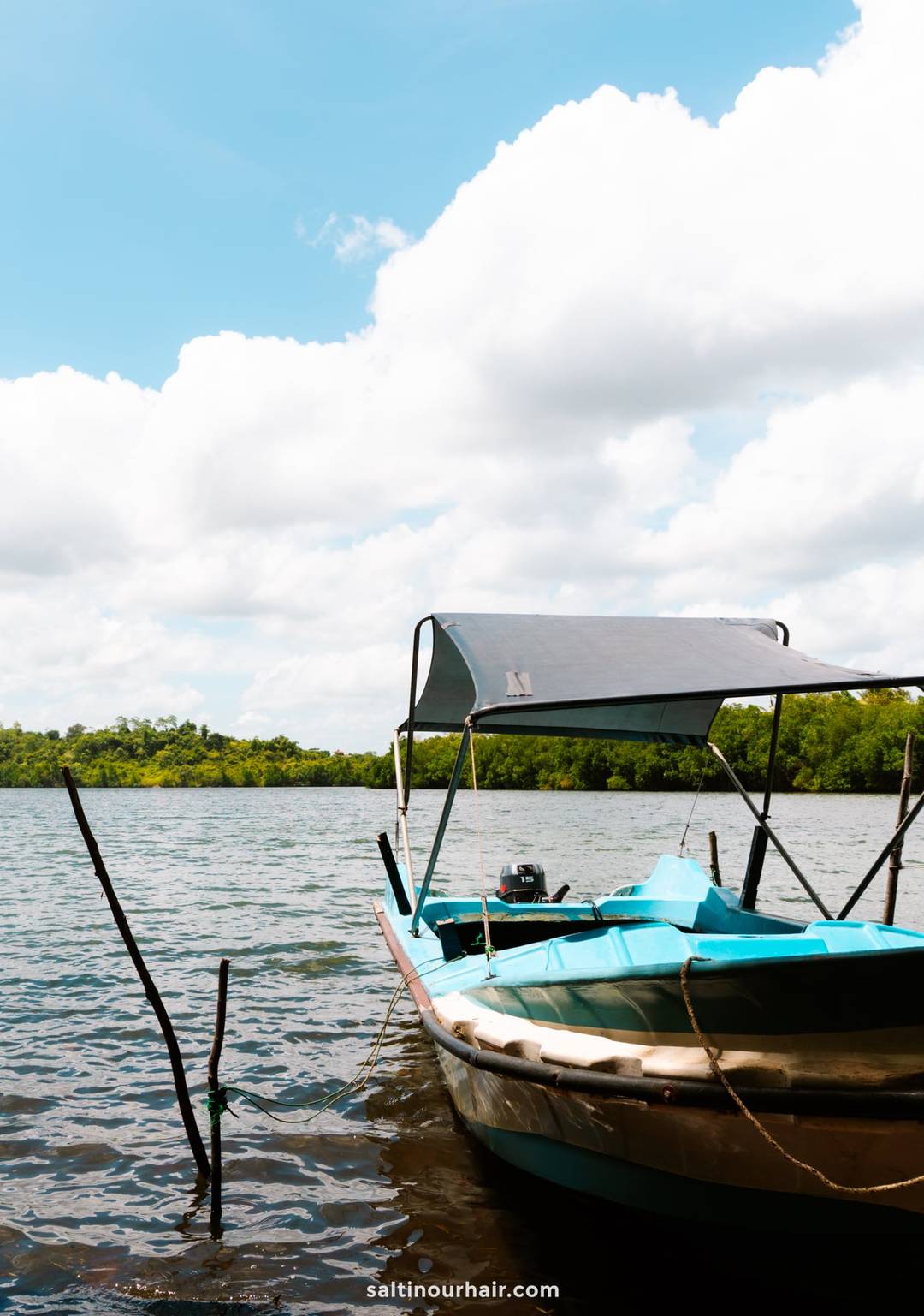 Small turquoise motorboat with a black canopy moored on Koggala Lake, Ahangama, Sri Lanka.