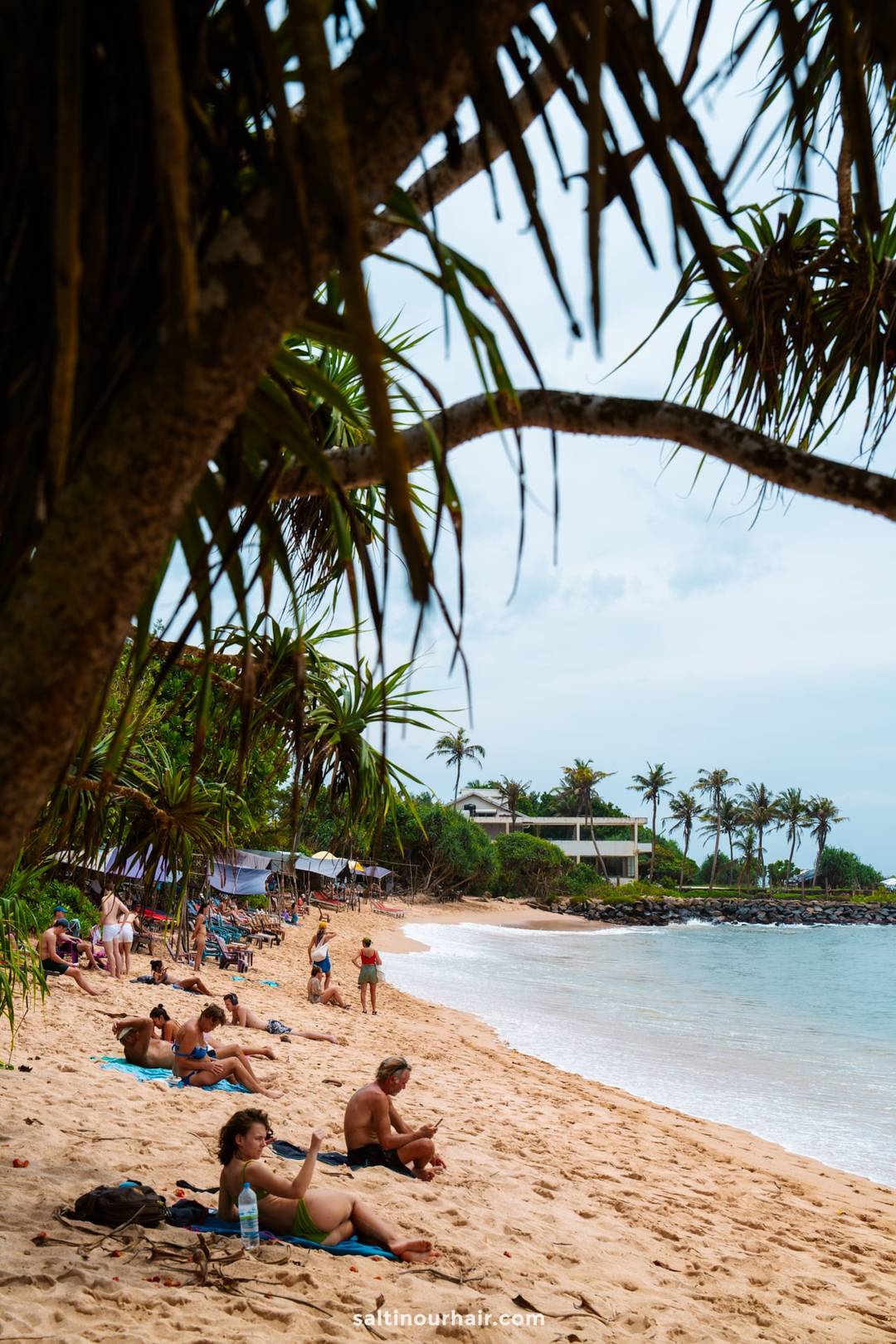 Tourists sunbathing on golden sandy Ahangama Beach, framed by tropical pandanus trees with calm turquoise waves and palm trees behind.