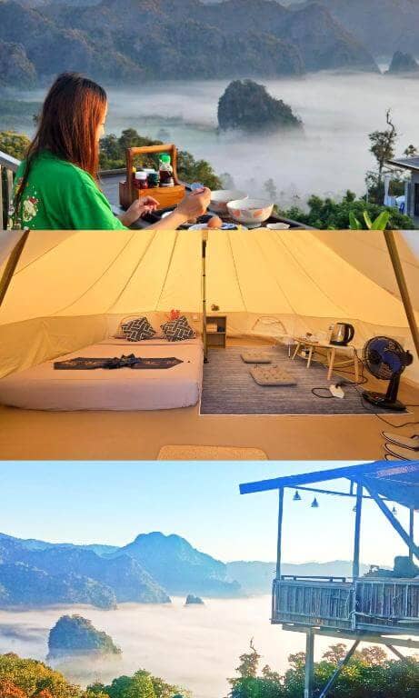 A woman enjoys breakfast overlooking misty mountains from her glamping Phu Langka tent, with a cozy interior and a balcony facing fog-covered hills.