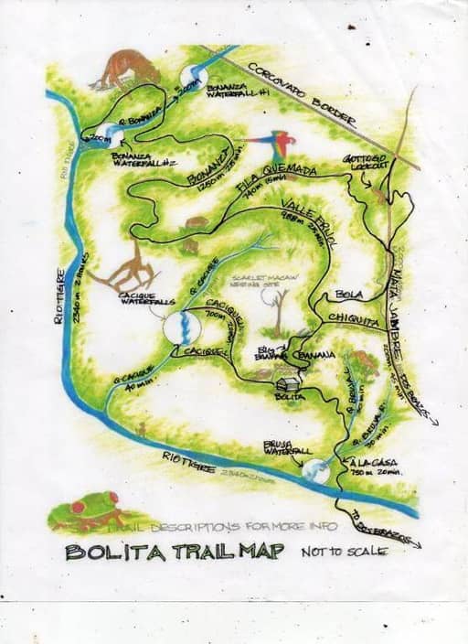 Hand-drawn map of Bolita trails featuring hiking paths, waterfalls, rivers, and landmarks such as Sendero and Quebrada—all illustrated to showcase the natural beauty surrounding Bolita Rainforest Hostel.