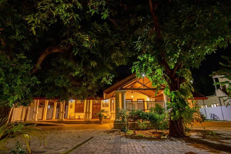 A well-lit house with a tiled roof is partially obscured by large trees in the foreground at night, with a paved driveway and some plants visible—capturing the serene charm of Flamingo Villa Jaffna.